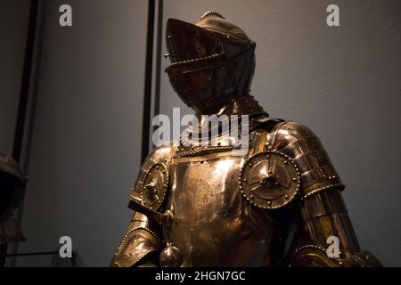 Amsterdam, The Netherlands - August 14, 2021: Closeup of the helmet and body armour of a knight from the medieval period. Knight armour. Hermitage Ams Stock Photo