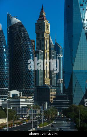 UNITED ARAB EMIRATES. DUBAI. TRADE CENTER DISTRICT. DAMAC PARK TOWERS ON THE LEFT AND AL YAQOUB TOWER ON THE RIGHT. Stock Photo