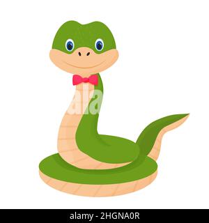 Cute, cheerful character snake, smiling in cartoon style. Childish animal, reptile clip art isolated on white background. Vector illustration Stock Vector