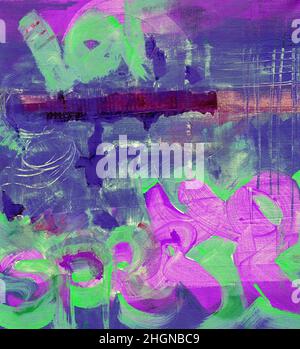 Modern abstract colorful graffiti painting with hand-painted texture. Oil on canvas. Blue-pink-green painting with plashes, drops of paint, paint smears, letters. Stock Photo