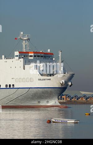The Ro-Ro cargo ship ,Celestine' on the river Thames leaving London docks. Stock Photo