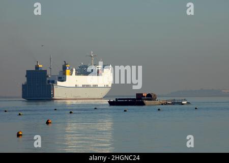 The Ro-Ro cargo ship ,Celestine' on the river Thames leaving London docks. Stock Photo
