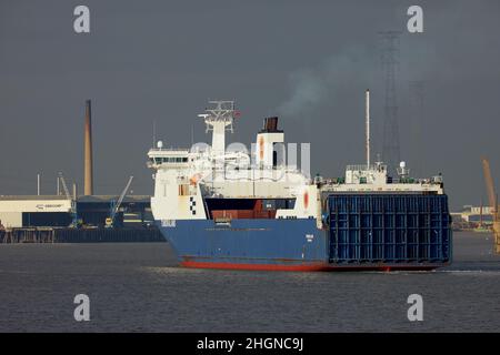 The Tundraland Ro-Ro cargo ship approaching Tilbury docks on the River Thames,UK. Stock Photo