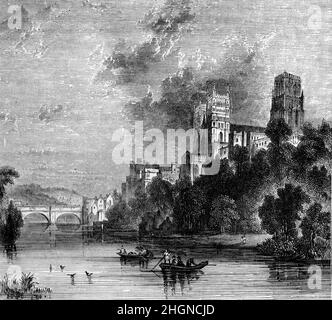 Black and White Illustration; Durham Catheral from the South West, viewed from the River Wear Stock Photo