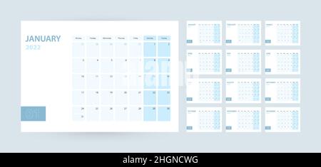 Monthly calendar template for the year 2022, the week starts on Monday. The calendar is in a blue color scheme. Vector illustration. Stock Vector