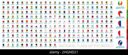 Maps of the world with pin flags of 228 countries. Big map and flag collection. Stock Vector