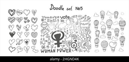 A set of doodle signs of feminism, women s rights, set of hot air balloons and hearts. Hand drawn vector icons of Feminism protest symbols, icons for Stock Vector