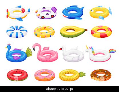 Swimming inflatable rubber rings in form animal unicorn and flamingo. Ring float, inflatable things to swim, lifesaver and summertime toy illustration Stock Vector