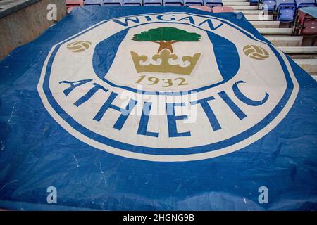 Wigan, UK. 22nd Jan, 2022. Wigan Athletic banner in Wigan, United Kingdom on 1/22/2022. (Photo by Mike Morese/News Images/Sipa USA) Credit: Sipa USA/Alamy Live News Stock Photo