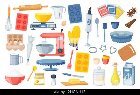Cartoon cooking tools and baking ingredients collection. Cooking cake and bakery with ingredient, cook with kitchen equipment Stock Vector