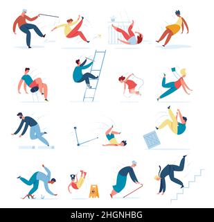 Falling down people from chair or stairs. Vector man down, people injury after drop, slip unbalance and downfall illustration Stock Vector