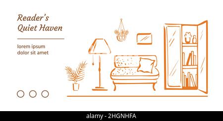 Brush outlines of home interior, hygge reading corner with sofa, lamp, open bookcase, and houseplants. Sketchy concept of traditional reading. Webpage Stock Vector