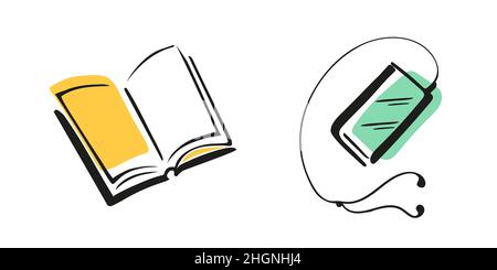 Black brush outlines of book and reader, tablet, or smartphone with colour spots. Sketchy concept of choice between traditional and modern way of read Stock Vector