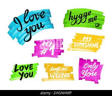 I love you, My Number One, Only You, My Sunshine, Hygge me, Keep Me Warm. Hand drawn romantic phrases for cards, envelopes, textile, various prints. C Stock Vector