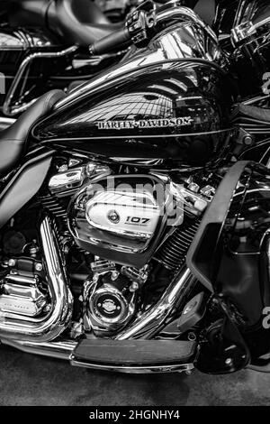 Close up of a high power Harley Davidson motorcycle. Engine of motorcycle Harley-Davidson, close-up. Stock Photo