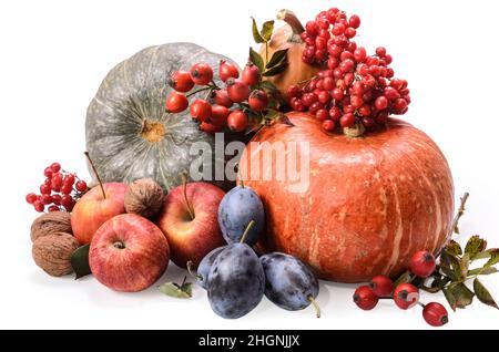 pumpkin and other fruits on white background with soft shadow Stock Photo