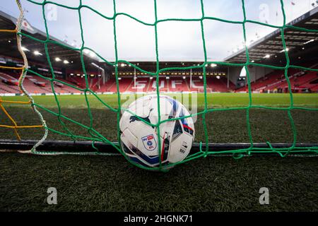 Sheffield, UK. 22nd Jan, 2022. The Puma EFL branded match ball in Sheffield, United Kingdom on 1/22/2022. (Photo by Ben Early/News Images/Sipa USA) Credit: Sipa USA/Alamy Live News Stock Photo