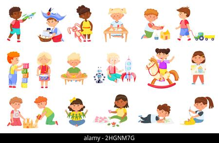 Kids playing and crafting, handmade in kindergarten. Vector child and kids, boy and girl in kindergarten play with toys illustration Stock Vector