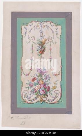 Design for a Panel with a Large Bundle of Flowers and Leaves and a Hanging Thin Bundle Containing Gardening Tools Inside an Ornamental Frame Decorated with Thin Garlands of Flowers and Leaves 1870–1900 (?) Anonymous, French, 19th century Rectangular sheet of paper with a design for a panel from the second half of the nineteenth century, forming part of the Classical and Renaissance Revival that took place from about 1850, where the interest on the art and architecture from Ancient Rome and the 15th and 16th centuries was propelled by archaeological discoveries in Greece, Italy and Egypt. Throu Stock Photo