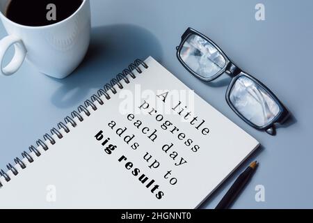 Motivational and inspirational quote on notepad with coffee, pen and glasses Stock Photo