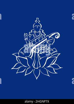 Saraswati, Hindu goddess of knowledge, sitting on lotus with veena