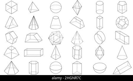 Set of basic stereometrics shapes line cuboid octahedron pyramid prism cube cone cylinder torus. Geometric, isometric shapes icon. Outline vector illu Stock Vector