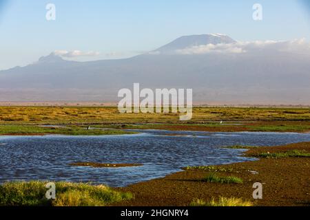 KENYA - AUGUST 16, 2018: Mount Kilimanjaro scenery in Amboseli National Park Stock Photo