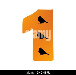Number 1 of the alphabet made with color orange and three silhouette of birds, isolated on a white background; vector Stock Vector