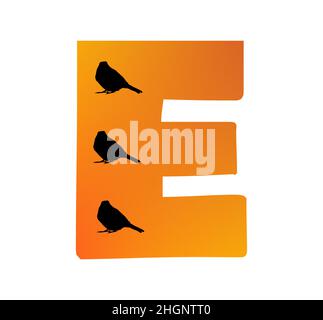 Letter E of the alphabet made with color orange and three silhouette of birds, isolated on a white background; vector Stock Vector