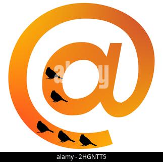Mail sign, at sign of the alphabet made with color orange and three silhouette of birds, isolated on a white background; vector Stock Vector