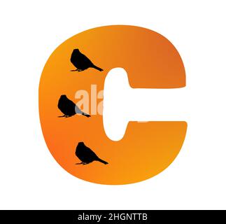 Letter C of the alphabet made with color orange and three silhouette of birds, isolated on a white background; vector Stock Vector