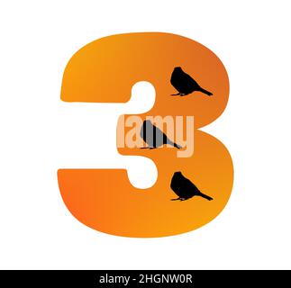 Number 3 of the alphabet made with color orange and three silhouette of birds, isolated on a white background; vector Stock Vector
