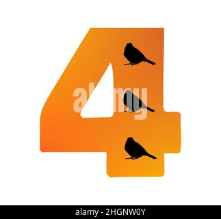 Number 4 of the alphabet made with color orange and three silhouette of birds, isolated on a white background; vector Stock Vector