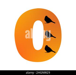Number 0 of the alphabet made with color orange and three silhouette of birds, isolated on a white background; vector Stock Vector