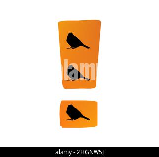 Exclamation mark ! of the alphabet made with color orange and three silhouette of birds, isolated on a white background; vector Stock Vector