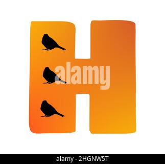 Letter H of the alphabet made with color orange and three silhouette of birds, isolated on a white background; vector Stock Vector