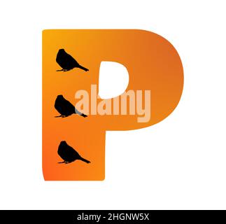 Letter P of the alphabet made with color orange and three silhouette of birds, isolated on a white background; vector Stock Vector