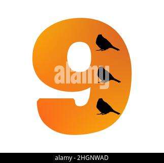 Number 9 of the alphabet made with color orange and three silhouette of birds, isolated on a white background; vector Stock Vector
