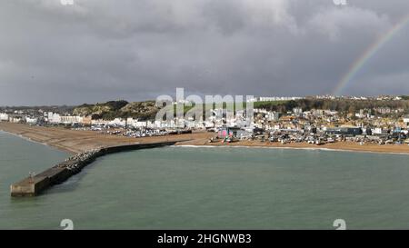 Breakwater Hastings seaside town on Kent coast of England drone Stock Photo