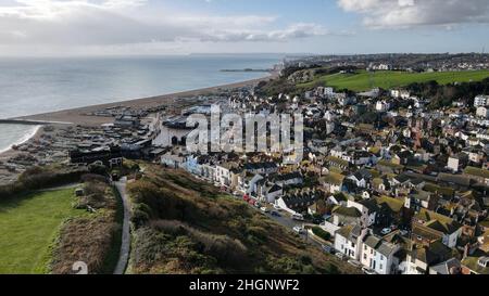 Hastings seaside town on Kent coast of England Drone view Stock Photo