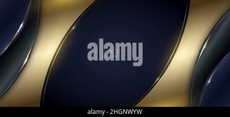 Banner web template luxury style golden curved shape with lines and light on dark blue background. Vector illustration Stock Vector