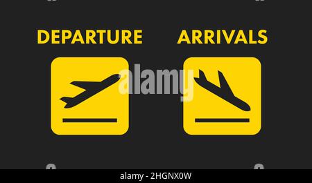 Departure and arrivals yellow signs. Airplane landing and takeoff. Airport navigation icons. Flat vector illustration isolated on black background. Stock Vector