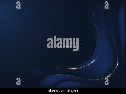 Abstract elegant dark blue wavy curve shape background with golden lines and lighting. Luxury style. Vector illustration Stock Vector