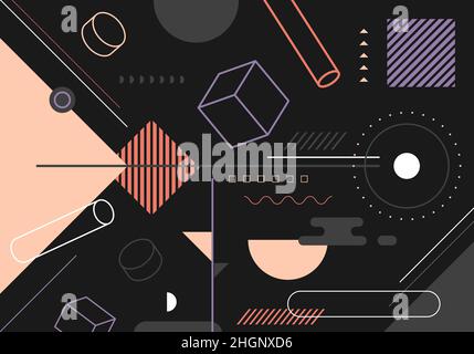 Abstract trendy elements simple 3D geometric forms pattern on black background. Vector graphic illustration Stock Vector