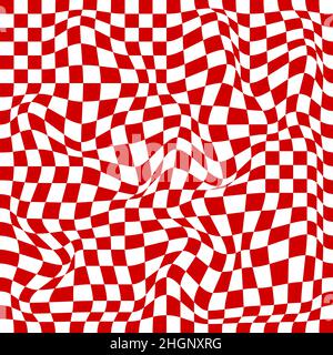 Distorted surface. Chess background with distortion. Optical illusion banner. Op art backdrop. Vector illustration. Checkered curved pattern. Stock Vector