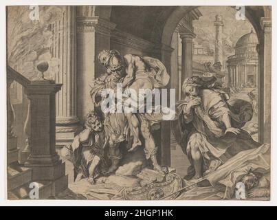 Aeneas and his family fleeing Troy 1595 Agostino Carracci Italian Understanding that defending the burning city of Troy was futile, Aeneas fled with his aged father Anchises on his back. Anchises carried the penates (household gods), and Aeneas held his son Ascanius by the hand. His wife Creusa followed a few steps behind but was lost in the confusion of battle. The buildings of Troy seen here recall monuments in Rome, which was possibly an intentional detail to foreshadow Aeneas' fate.Federico Barocci produced two paintings of this subject. The earlier one was already in Prague when Agostino Stock Photo