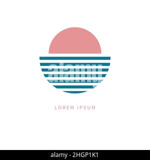 Sun and sea minimal geometric logo. Sunset, sunrise icon. Travel agency icon. Resort modern sign. Sea and ocean circle simple vector logotype Stock Vector