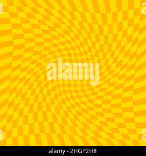 Distorted surface. Chess background with distortion. Optical illusion banner. Op art backdrop. Vector illustration. Checkered curved pattern. Stock Vector