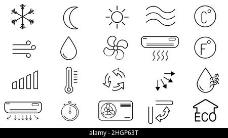 Simple set of air conditioning related line vector icons. Contains such icons as cool, hot, humidity, air-conditioner, temperature, timer, fan and mor Stock Vector