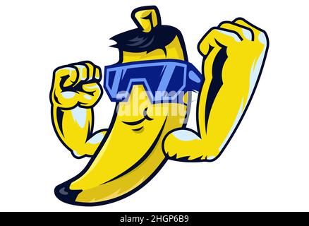 Cool muscular banana character in sunglasses. Happy banana fruit isolated on white background. Cartoon vector mascot Stock Vector
